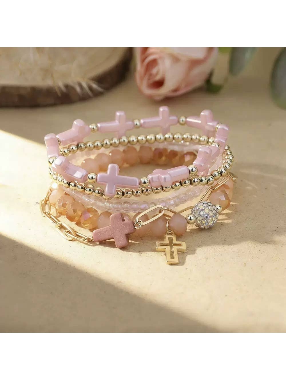 Pink Cross Christian Stackable Bracelets - Picture 2 of 4